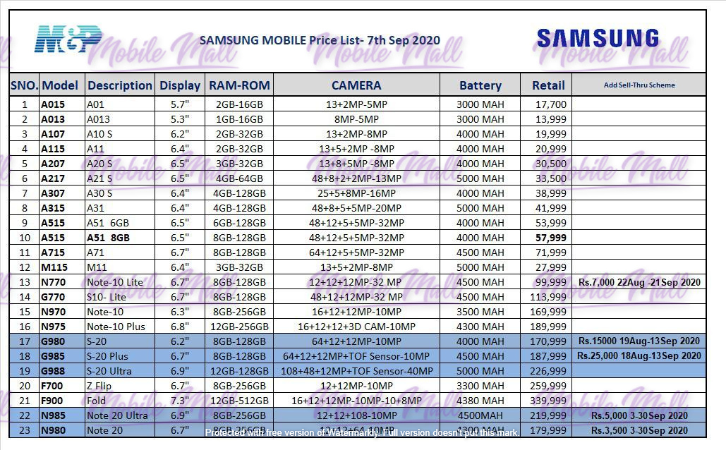 Samsung Dealer Price List - September 2020